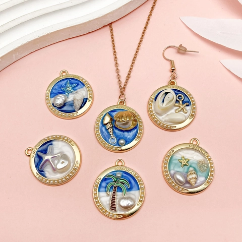 Ocean Theme Round Enamel Zinc Alloy Pendants With Artificial Pearl Summer Beach Sea Star Coconut Tree Shell Charms For DIY Jewelry Making