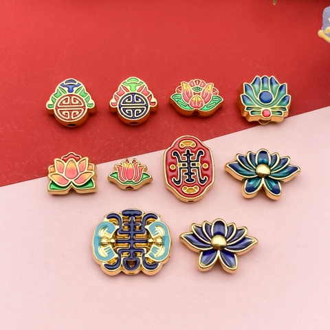 Vintage Cloisonne Enamel Lotus Spacer Beads Gold Plated Alloy Longevity Symbol Beads For DIY Jewelry Making Bracelet Components
