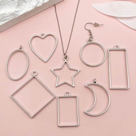 Alloy Geometric Open Bezel Pendants For DIY Resin Craft Jewelry Making Hollow Heart Star Moon Round Triangle Frame Pendants