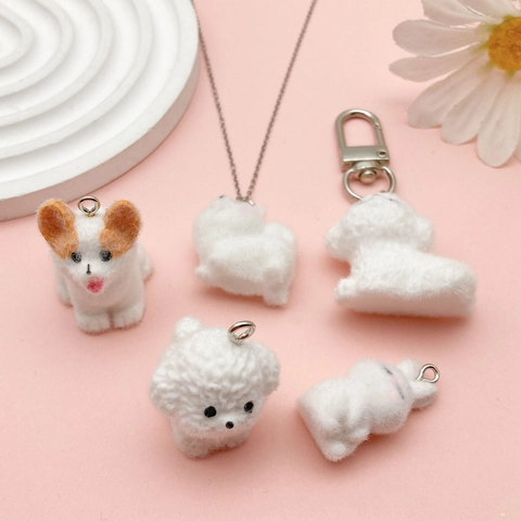 Cute Resin Flocked Animal Pendants Handmade DIY Dog Rabbit Shaped Charms For Necklace Jewelry Making Crafts Phone Decoration