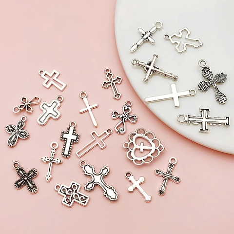 Vintage Antiksilber Zinklegierung Kreuz Anhänger Für DIY Schmuckherstellung Gotische Religiöse Gemischte Stile Herz Rose Kreuz Halskette Armband Schlüsselanhänger Handwerk Zubehör
