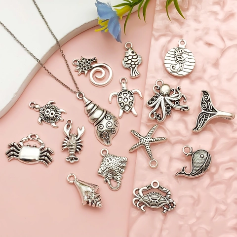 Antique Silver Zinc Alloy Ocean Series Pendants Seahorse Turtle Octopus DIY Jewelry Making Charms For Keychain Necklace Craft
