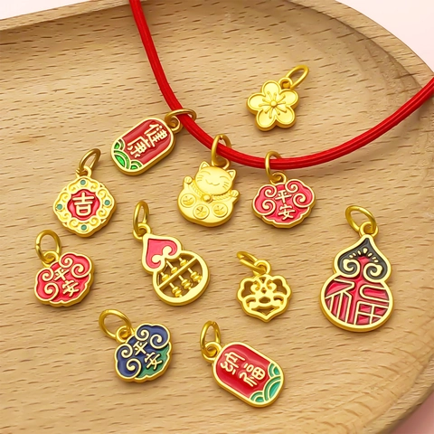 Vintage Chinese Style Alloy Enamel Pendants For DIY Jewelry Making Fortune Cat Gourd Lotus Cloud Antique Gold Finish Charms