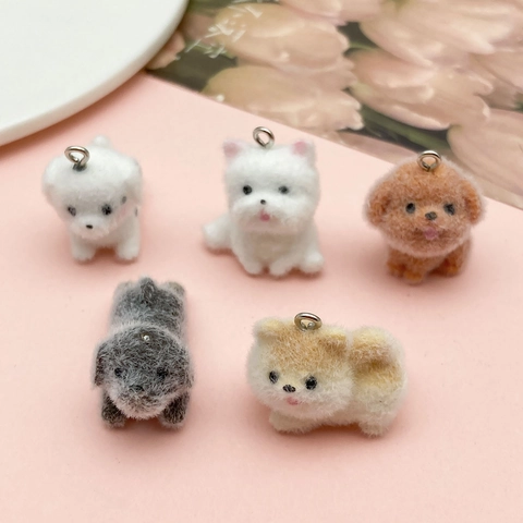 Cute Flocked Resin Animal Pendants For DIY Jewelry Making Mini Dog Bunny Teddy Figures Keychain Charms Accessories