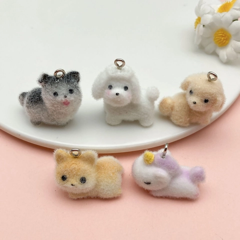 Cartoon Flocked Resin Animal Pendants For DIY Jewelry Making Cute Dog Unicorn Alpaca Rabbit Charms For Keychain Phone Strap Accessories Handcrafted Craft Supplies