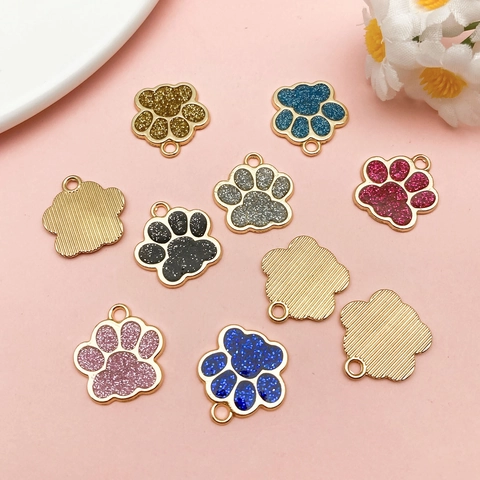 Cartoon Alloy Enamel Glitter Paw Print Pendants DIY Charms For Jewelry Making Pet Tags Necklace Accessories