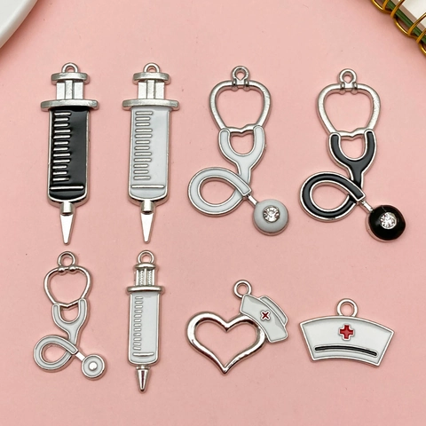Medical Tool Alloy Enamel Charms For Jewelry Making Stethoscope Syringe Nurse Hat Pendants For DIY Necklace Bracelet Gift
