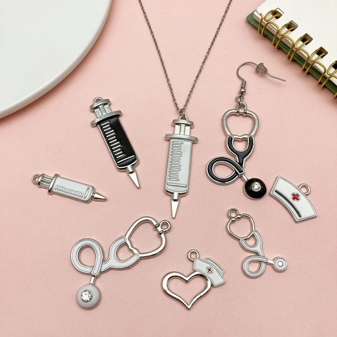Medical Tool Alloy Enamel Charms For Jewelry Making Stethoscope Syringe Nurse Hat Pendants For DIY Necklace Bracelet Gift