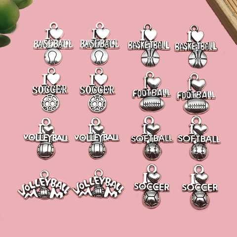 Vintage Zinc Alloy Sports Heart Charms For Jewelry Making DIY Soccer Basketball Volleyball Football Antique Silver Pendant