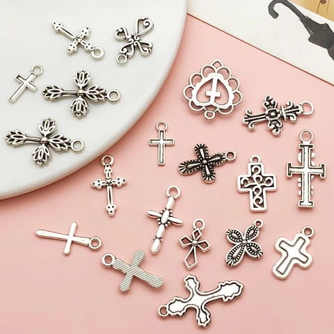 Antik Silber Zinklegierung Kreuz Anhänger DIY Schmuckherstellung Charms Gemischte Religiöse Herz Rose Stile Für Halskette