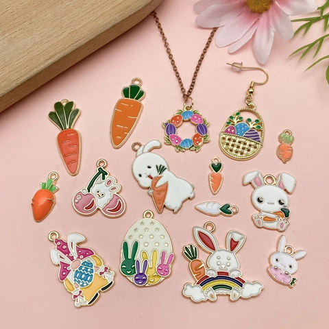 Easter Rabbit Carrot Enamel Alloy Pendants Cartoon Animal Egg Charms For DIY Necklace Earring Jewelry Making Accessories