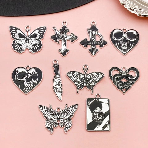 Gothic Dark Enamel Halloween Skull Butterfly Reaper Cross Dagger DIY Pendant Jewelry Making Accessories Zinc Alloy Charms