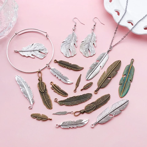 Vintage Alloy Feather Leaf Pendants For DIY Jewelry Making Necklaces Earrings Retro Bronze Silver Metal Charms Accessories