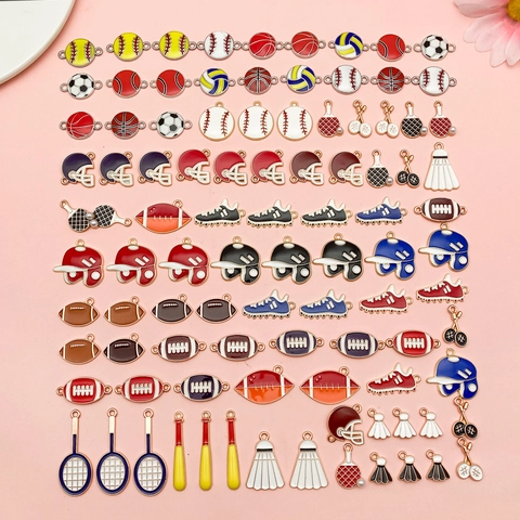 Mixed Sports Theme Alloy Enamel Charms For Jewelry Making Basketball Football Rugby Tennis Racket Pendants DIY Crafts