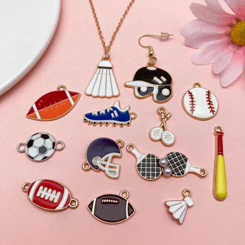 Mixed Sports Theme Alloy Enamel Charms For Jewelry Making Basketball Football Rugby Tennis Racket Pendants DIY Crafts