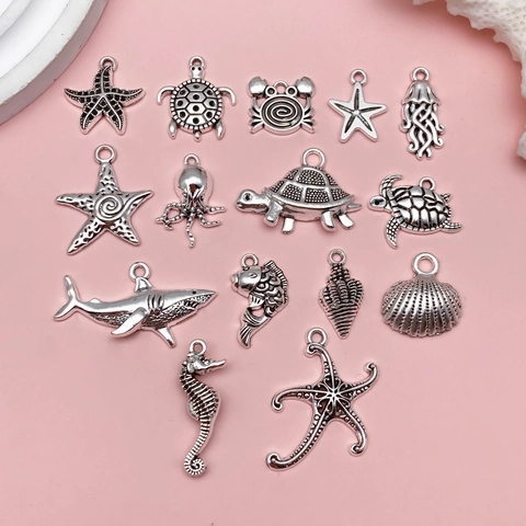 Pendentifs Animaux Marins Argent Antique Poulpe Tortue Hippocampe Étoile de Mer Crabe Requin Coquillage Bijoux en Alliage