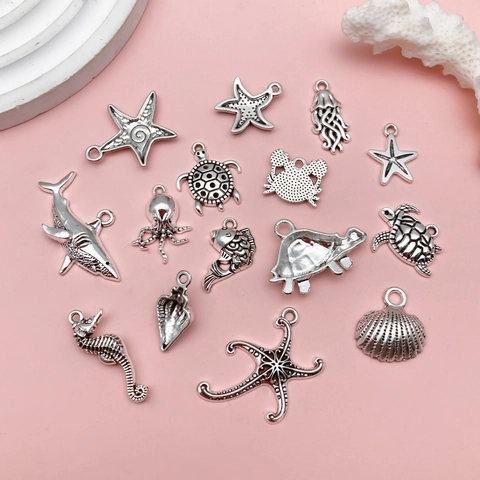 Pendentifs Animaux Marins Argent Antique Poulpe Tortue Hippocampe Étoile de Mer Crabe Requin Coquillage Bijoux en Alliage