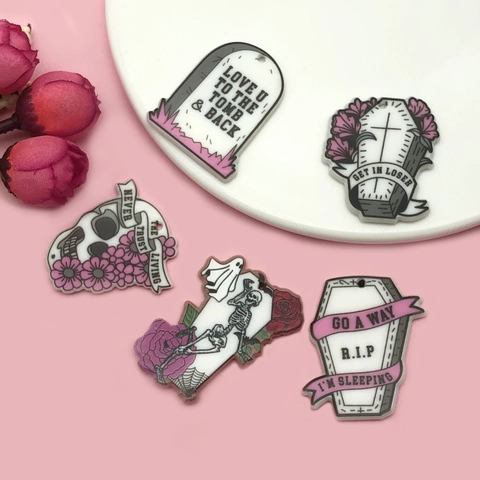 Breloques en Acrylique d'Halloween Gothique pour la Fabrication de Bijoux Fantôme Crâne Pierre Tombale Pendentif DIY Impression Double Face Colorée Accessoire d'Artisanat