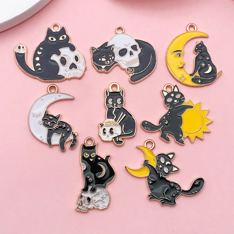 Pendentifs en Émail de Chat Noir Halloween Gothic Moon Skull Cat Charms pour Collier Bricolage Boucle d'Oreille Porte-Clés