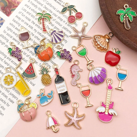 Cute Alloy Enamel Pendants Cartoon Summer Beach Fruit Ocean Drink Shapes Charms For DIY Jewelry Necklace Bracelet Making Accessories