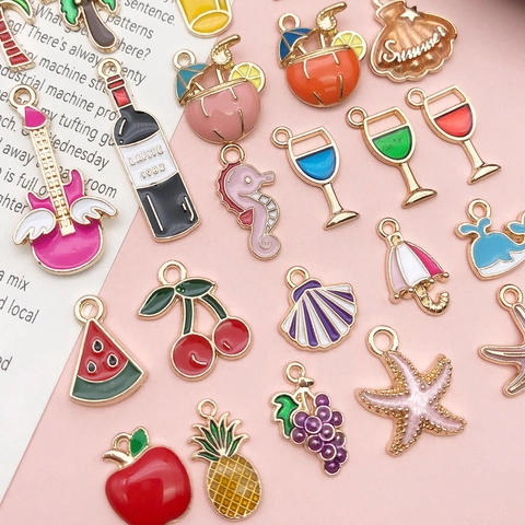 Cute Alloy Enamel Pendants Cartoon Summer Beach Fruit Ocean Drink Shapes Charms For DIY Jewelry Necklace Bracelet Making Accessories