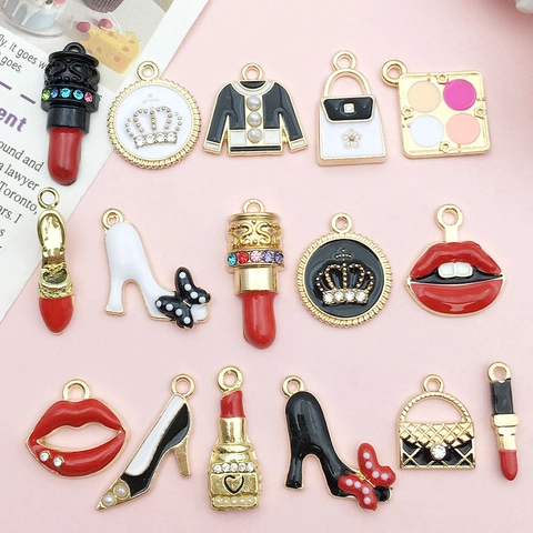 Colgantes de Aleación Esmalte Moda para Creación de Joyas DIY Lápiz Labial Tacones Altos Corona Bolso Charms Accesorios Strass Mujer