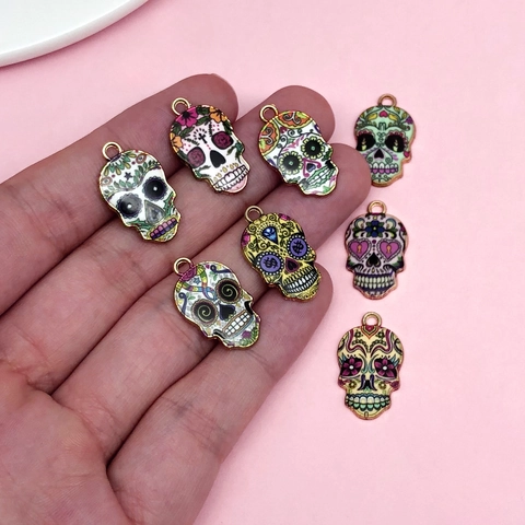 Emaille Totenkopf Anhänger Mexikanischer Tag Der Toten Sugar Skull Charms Legierung Schmuckherstellung Zubehör Für Halloween Party DIY