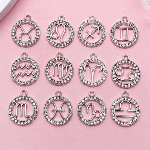 12 Zodiac Signs Round Pendant Hollow Zinc Alloy Rhinestone Charms For DIY Necklace Bracelet Jewelry Making Accessories