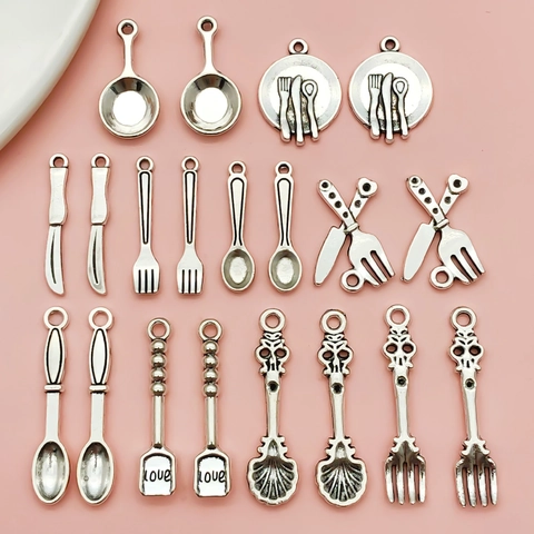 Vintage Antique Silver Alloy Miniature Kitchenware Pendants DIY Jewelry Making Charms Spoon Fork Knife Pan Plate Charms