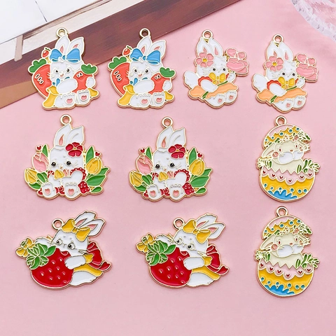 Alloy Rabbit Enamel Charms Pendants For DIY Bracelet Making Easter Bunny Carrot Strawberry Tulip Egg Shape Jewelry Findings Craft
