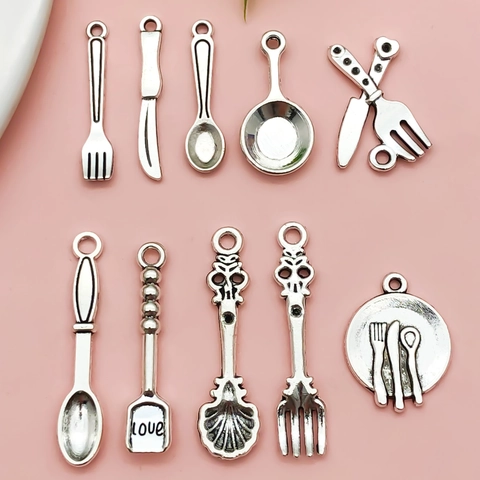 Vintage Antique Silver Alloy Miniature Kitchenware Pendants DIY Jewelry Making Charms Spoon Fork Knife Pan Plate Charms