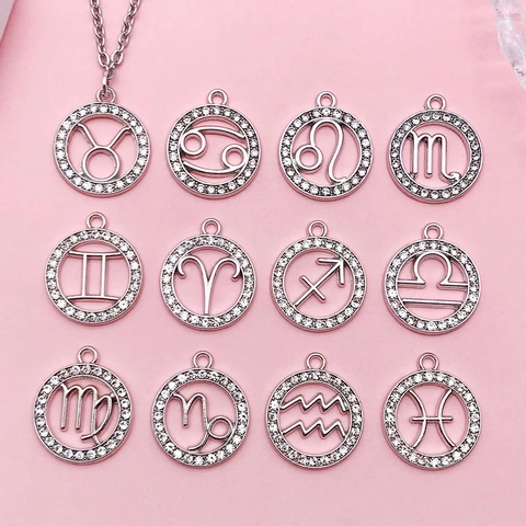 12 Zodiac Signs Round Pendant Hollow Zinc Alloy Rhinestone Charms For DIY Necklace Bracelet Jewelry Making Accessories