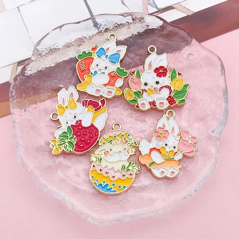 Alloy Rabbit Enamel Charms Pendants For DIY Bracelet Making Easter Bunny Carrot Strawberry Tulip Egg Shape Jewelry Findings Craft