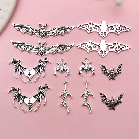 Antique Silver Alloy Halloween Bat Pendants Gothic Heart Cross Wing Charms For DIY Jewelry Making Necklace Accessories