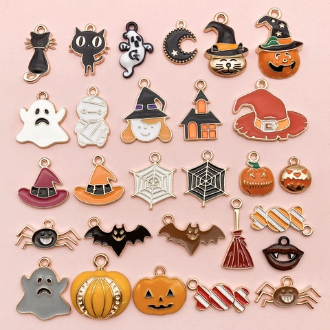 Halloween Alloy Enamel Pendants For DIY Jewelry Making Pumpkin Ghost Bat Witch Cat Charms For Bracelet Necklace Earrings
