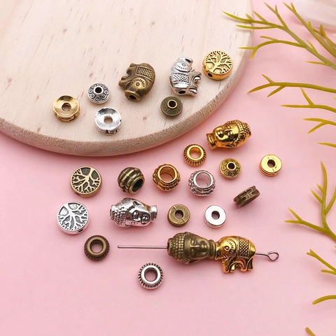 Vintage Alloy Spacer Beads For DIY Jewelry Making Mixed Ethnic Elephant Buddha Tree Of Life Pattern Antique Silver Gold Beads
