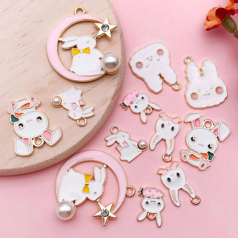 Alloy Enamel Rabbit Charms For Jewelry Making Easter Bunny Moon Carrot Pendants With Faux Artificial Pearl Rhinestone DIY Accessory