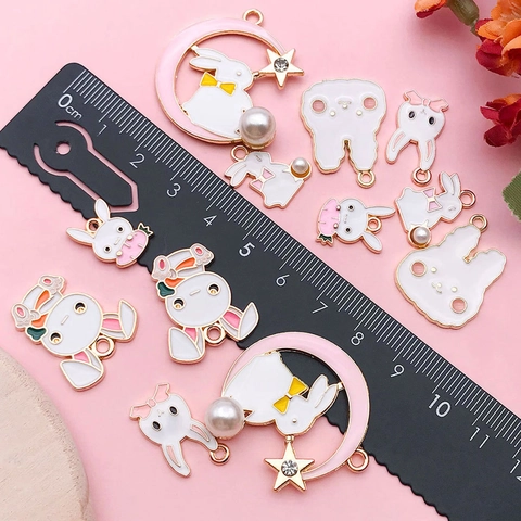Alloy Enamel Rabbit Charms For Jewelry Making Easter Bunny Moon Carrot Pendants With Faux Artificial Pearl Rhinestone DIY Accessory