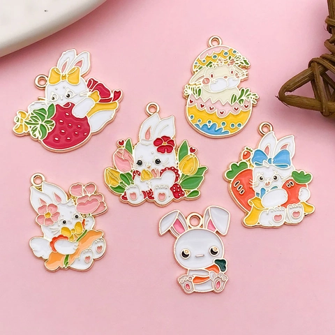 Cartoon Rabbit Enamel Alloy Pendants For DIY Jewelry Making Easter Bunny Strawberry Carrot Flower Charms For Keychain Necklace Accessories