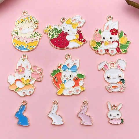 Cartoon Rabbit Enamel Alloy Pendants For DIY Jewelry Making Easter Bunny Strawberry Carrot Flower Charms For Keychain Necklace Accessories