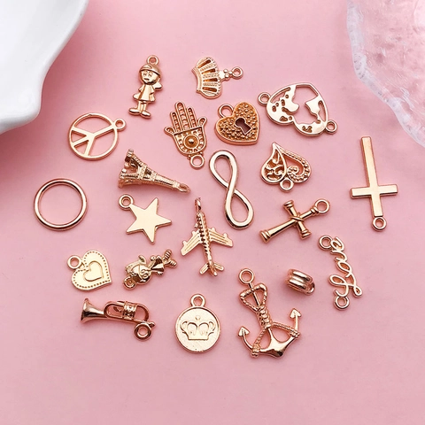 KC Gold Zinc Alloy Mixed Charms Pendants Set For DIY Jewelry Making Bracelet Necklace Heart Cross Anchor Eiffel Tower Aircraft Crown Small Pendants Findings