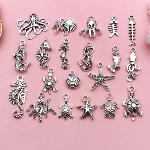 Antique Silver Alloy Ocean Animal Charms Pendants Seahorse Turtle Starfish Mermaid Octopus Fish Bone For DIY Jewelry Making