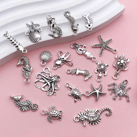 Antique Silver Alloy Ocean Animal Charms Pendants Seahorse Turtle Starfish Mermaid Octopus Fish Bone For DIY Jewelry Making