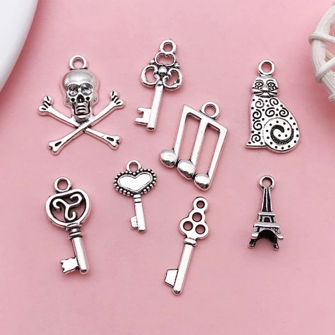 Antique Silver Alloy DIY Jewelry Making Charms Mixed Patterns Skeleton Heart Key Musical Note Pendants For Bracelets Necklaces Handicraft Accessories