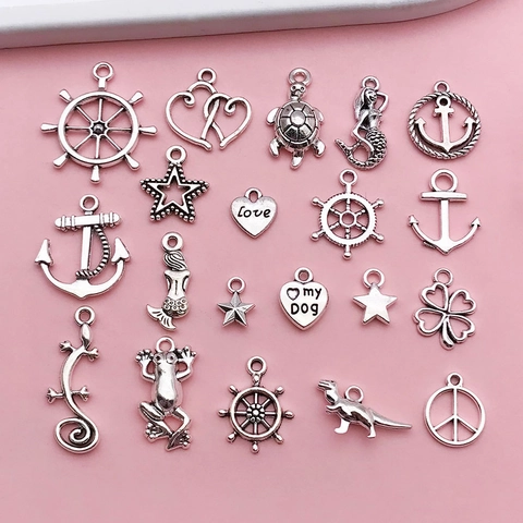 Vintage Antique Silver Nautical Marine Animal Alloy Charms Set Mermaid Anchor Helm Turtle Star Heart DIY Jewelry Making Pendant