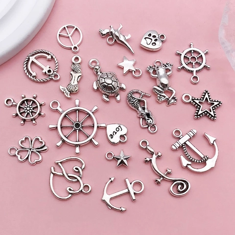 Vintage Antique Silver Nautical Marine Animal Alloy Charms Set Mermaid Anchor Helm Turtle Star Heart DIY Jewelry Making Pendant