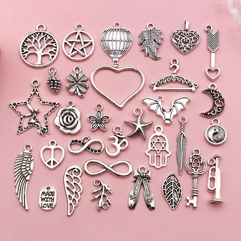 Mixed Antique Silver Alloy Charms Pendants For DIY Jewelry Making Wings Hot Air Balloon Heart Star Life Tree Bracelet Necklace Findings