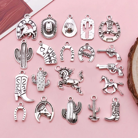 Antique Silver Western Cowboy Alloy Pendants Assorted Horse Cactus Pistol Boots Hat Poker DIY Jewelry Making Decorative Charms