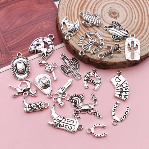 Antique Silver Western Cowboy Alloy Pendants Assorted Horse Cactus Pistol Boots Hat Poker DIY Jewelry Making Decorative Charms