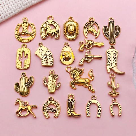 Antique Gold Western Cowboy Charms Zinc Alloy Cactus Horseshoe Revolver Poker Boots Hat Collection DIY Jewelry Making Pendant
